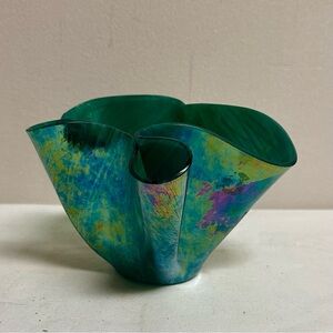 Modernist Iridescent Green and Blue Art Glass Handkerchief Decorative Vase-6”H
